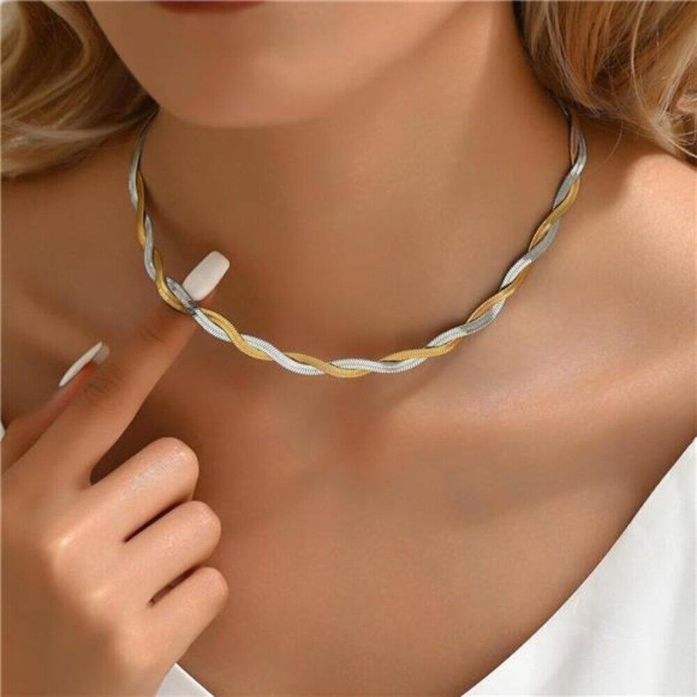 18K Gold Plated Snake Chain Herringbone Necklace Layered Double Chain Choker
